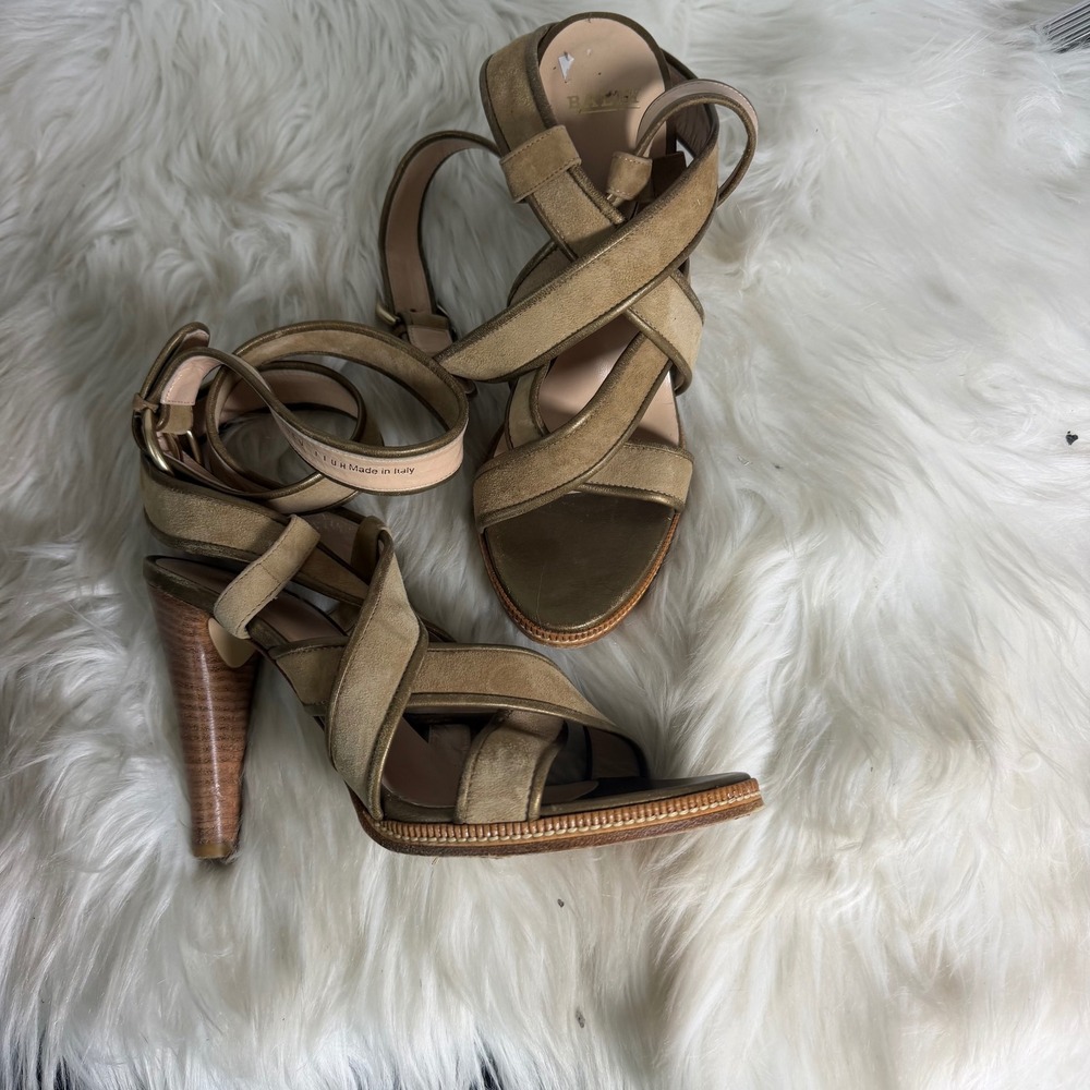 Bally Campera VTG Tan Suede Gold Metallic Strappy Sandals Heels Italy 37.5 7